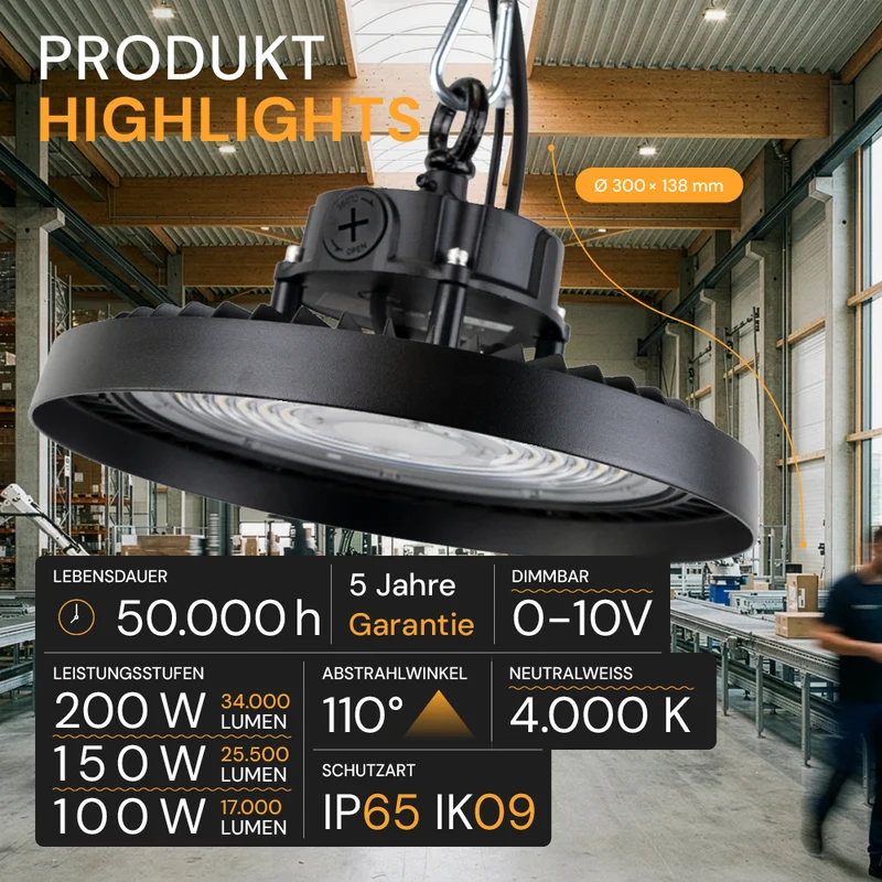 LED-Hallenstrahler, 200 W, 34000 lm, 4000 K, schwarz, Ø 30 cm, anpassbare Leistung, dimmbar