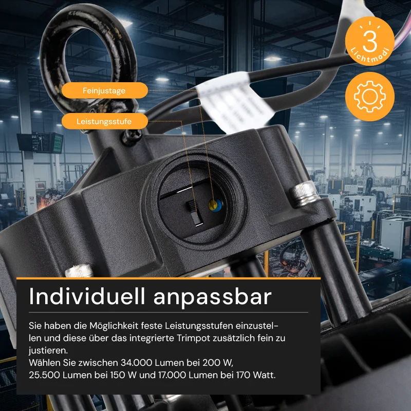 LED-Hallenstrahler, 200 W, 34000 lm, 4000 K, schwarz, Ø 30 cm, anpassbare Leistung, dimmbar
