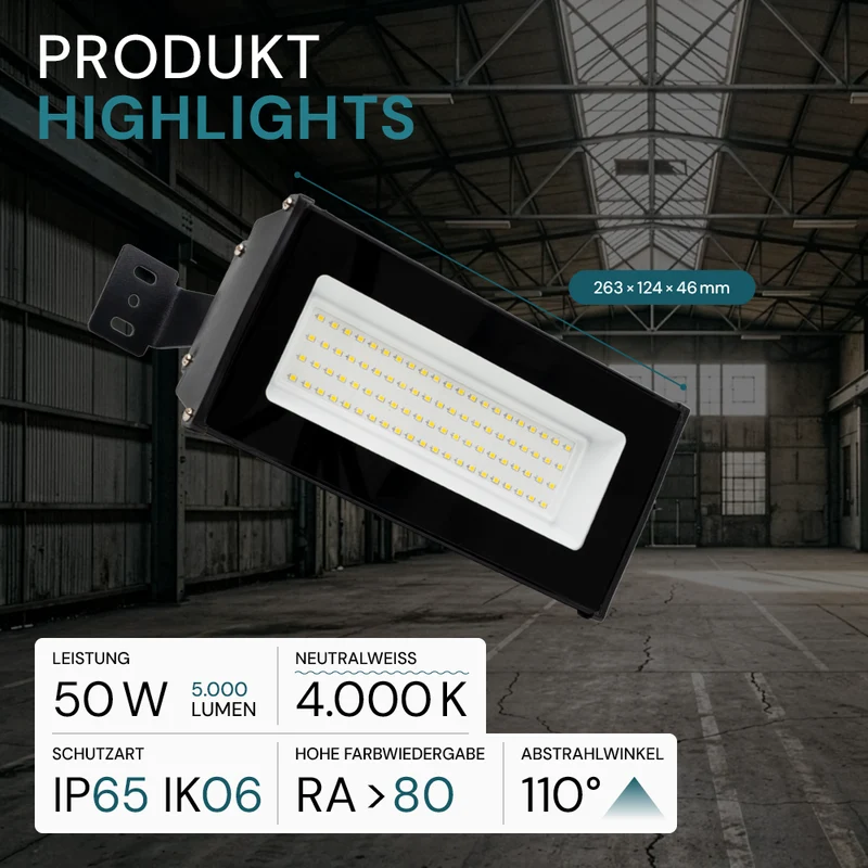 LED-Highbay linear, 50 W / 5000 lm (100 lm/W), 4000 K (neutralweiß), schlagfester LED Hallentiefstrahler IP65, schwarz