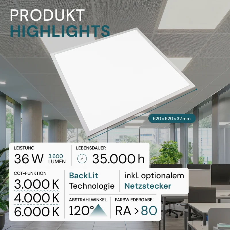 4er Pack LED-Panel mit Farbtemperaturwechsel CCT, 3000-6000 K, 62x62 cm, Back-lit, 36W, 3600 lm