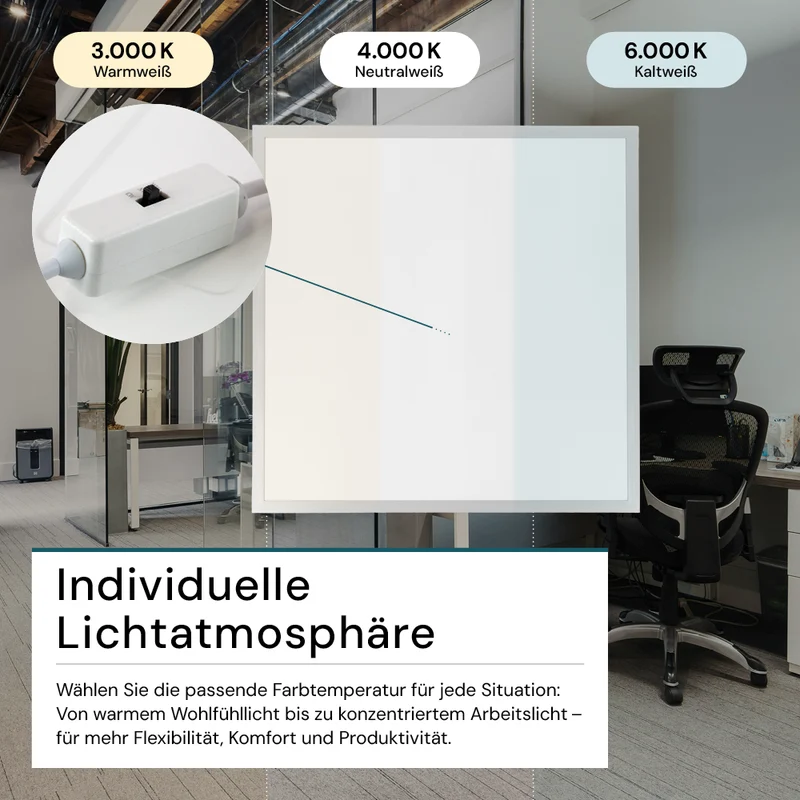 4er Pack LED-Panel mit Farbtemperaturwechsel CCT, 3000-6000 K, 62x62 cm, Back-lit, 36W, 3600 lm