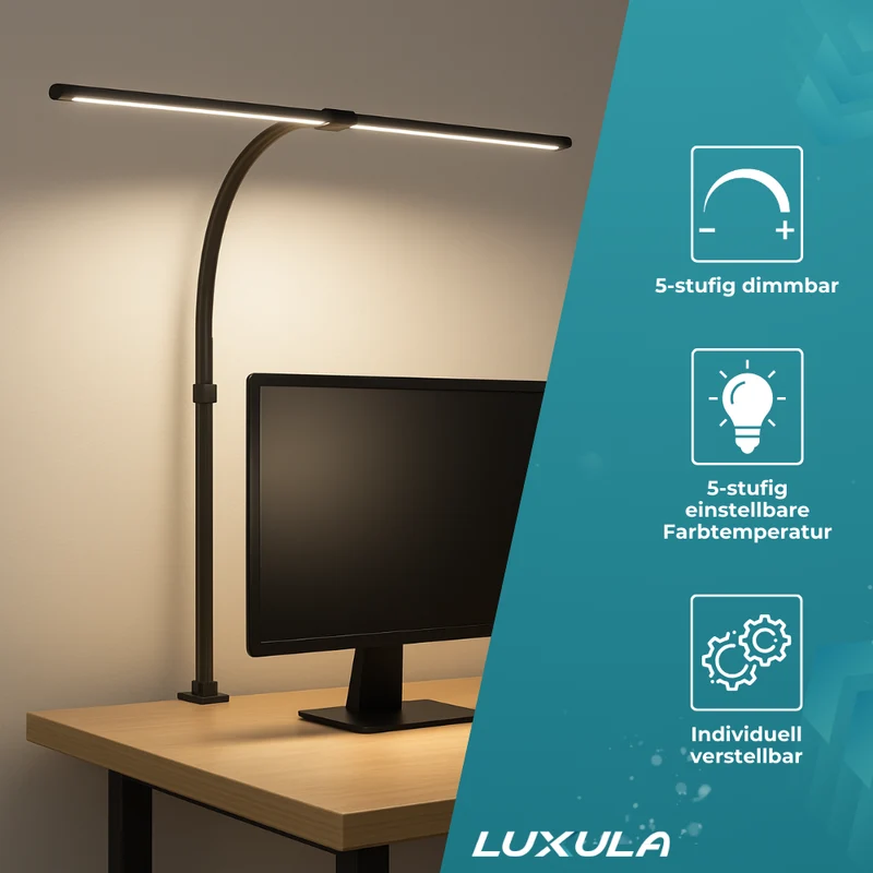 LED-Schreibtischlampe, Doppelkopf, in Schwarz, dimmbar, 5 Farbtemperaturstufen, 24 W, 800 lm, klemm- und verstellbare Monitorlampe