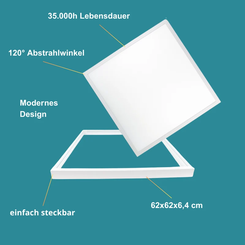 6er Pack LED-Panels, 62x62 cm, inkl 6x Aufbaurahmen, 4000 K, 36 W, 3600 lm