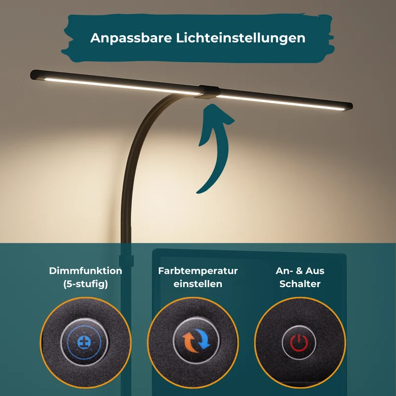 2er Pack LED-Schreibtischlampe, Doppelkopf, schwarz, dimmbar, 5 Farbtemperaturstufen, 24 W, 800 lm, klemm- und verstellbare Monitorlampe