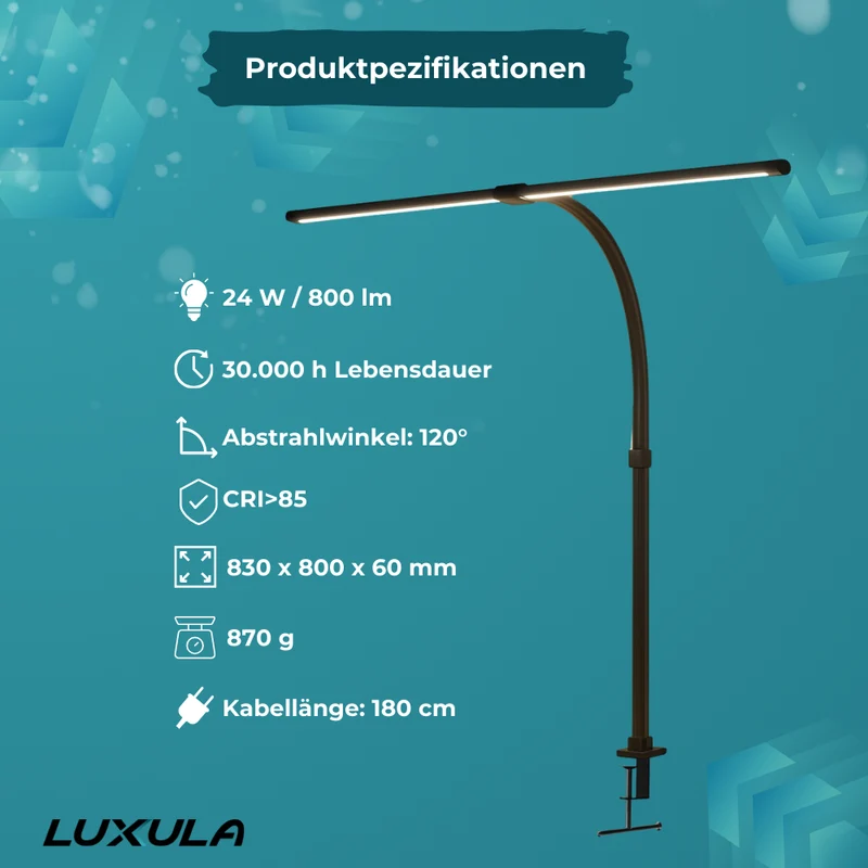 2er Pack LED-Schreibtischlampe, Doppelkopf, schwarz, dimmbar, 5 Farbtemperaturstufen, 24 W, 800 lm, klemm- und verstellbare Monitorlampe