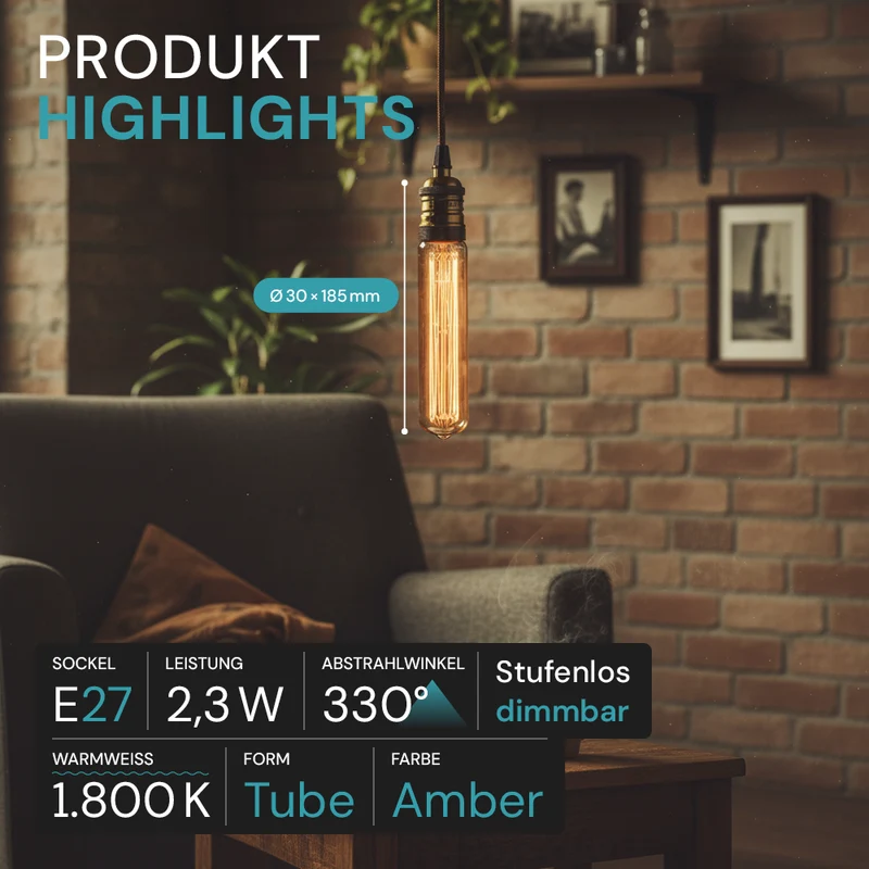 LED Filament Leuchtmittel, Vintage Dekoleuchte, Röhre T30, E27, 2.3W, 65lm, 1800K, dimmbar