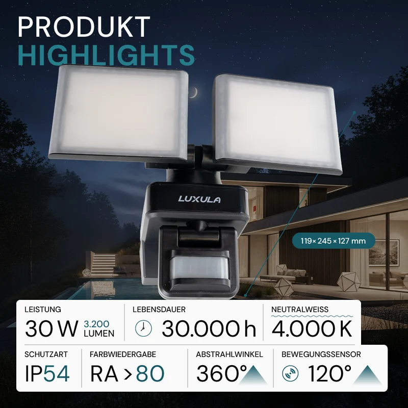 Schwenkbarer LED Fluter mit Bewegungsmelder, 2-köpfig, 2x 15 W, 3200 lm, 4000 K (neutralweiß), IP54, flexibler Strahler, Aluminiumguss, Wandleuchte