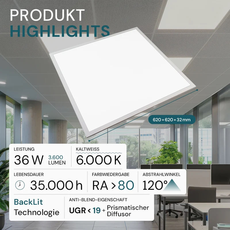 LED BackLit Panel UGR<19, 62x62 cm, 36W, 3600lm, 6000K