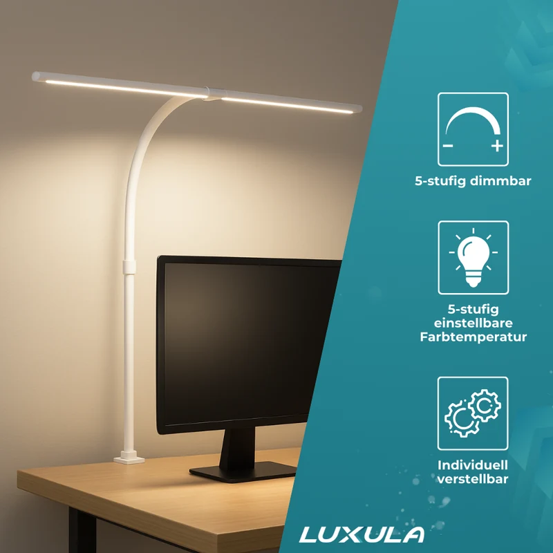 LED-Schreibtischlampe, Doppelkopf, in Weiß, dimmbar, 5 Farbtemperaturstufen, 24 W, 800 lm, klemm- und verstellbare Monitorlampe