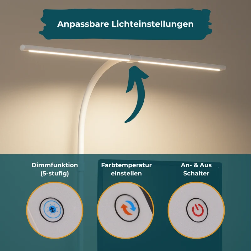 LED-Schreibtischlampe, Doppelkopf, in Weiß, dimmbar, 5 Farbtemperaturstufen, 24 W, 800 lm, klemm- und verstellbare Monitorlampe