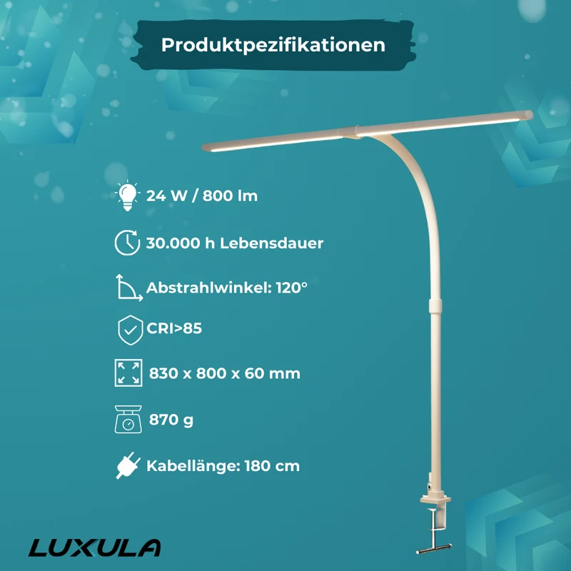 LED-Schreibtischlampe, Doppelkopf, in Weiß, dimmbar, 5 Farbtemperaturstufen, 24 W, 800 lm, klemm- und verstellbare Monitorlampe