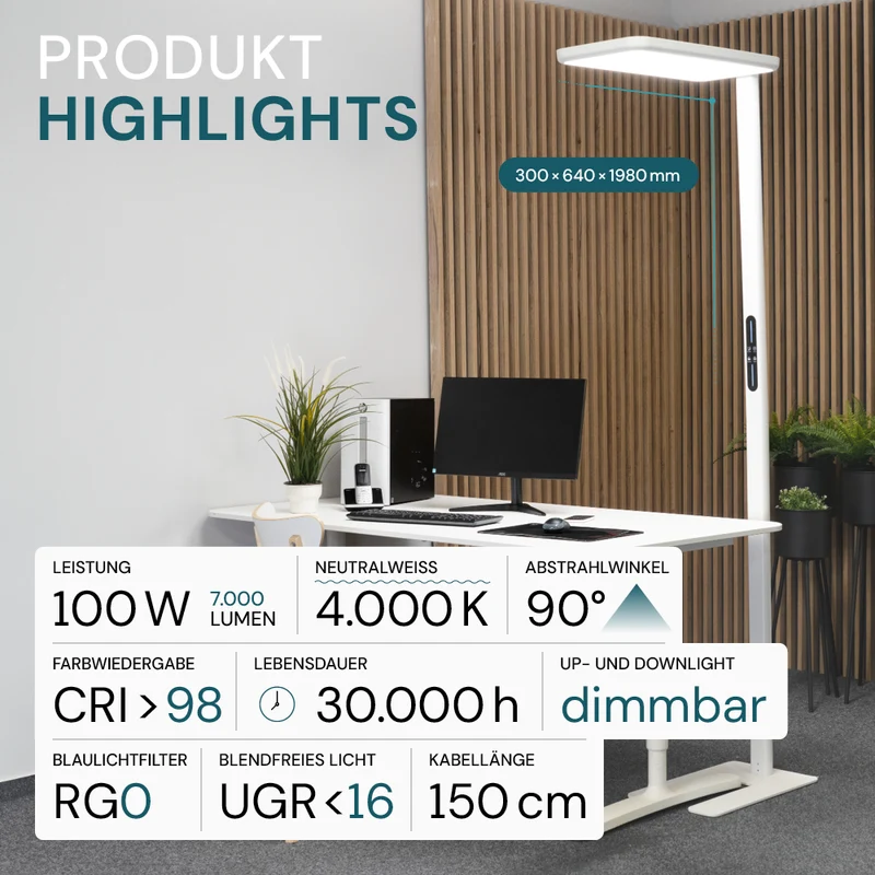 LED Büro-Stehleuchte, Up/Down, in Weiß, 100 W, 7000 lm, 4000 K (neutralweiß), UGR<16, CRI98, dimmbar, RG0, Bridgelux LED, Arbeitsplatzleuchte