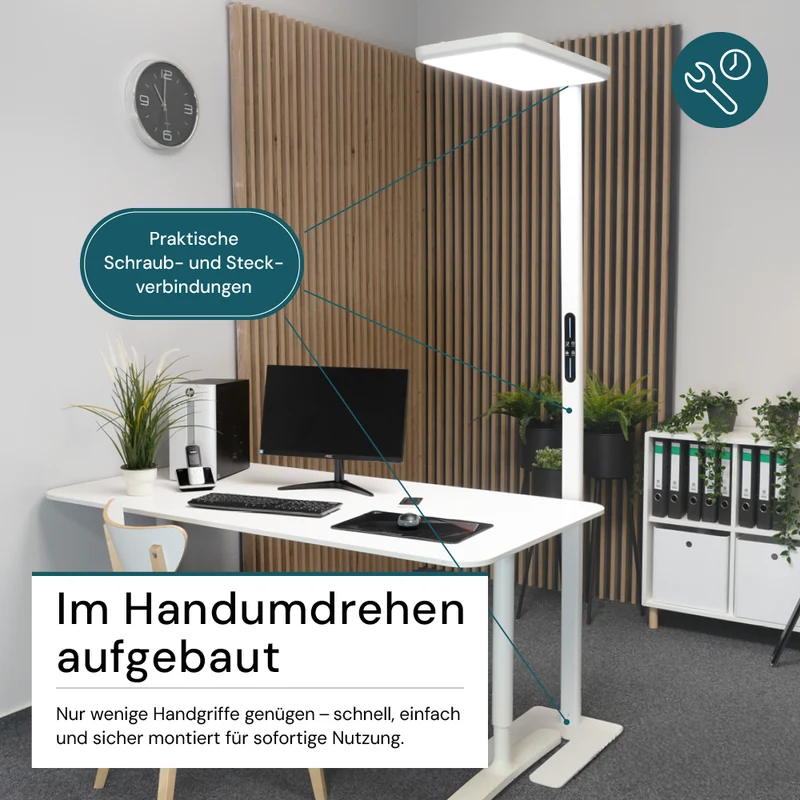 LED Büro-Stehleuchte, Up/Down, in Weiß, 100 W, 7000 lm, 4000 K (neutralweiß), UGR<16, CRI98, dimmbar, RG0, Bridgelux LED, Arbeitsplatzleuchte