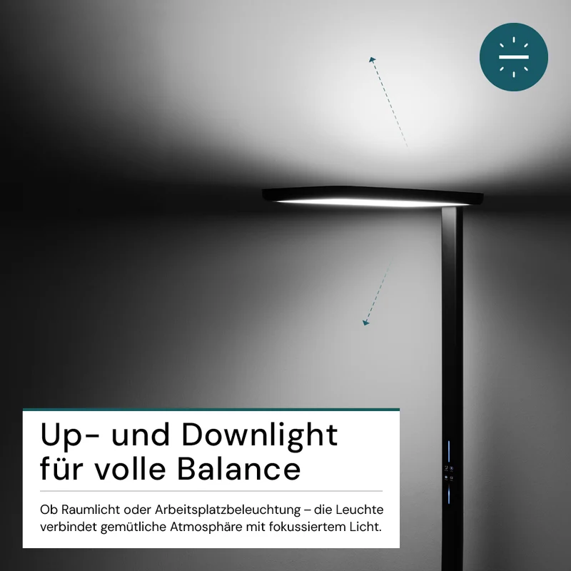 LED Büro-Stehleuchte, Up/Down, in Schwarz, 100 W, 7000 lm, 4000 K (neutralweiß), UGR<16, CRI98, dimmbar, RG0, Bridgelux LED
