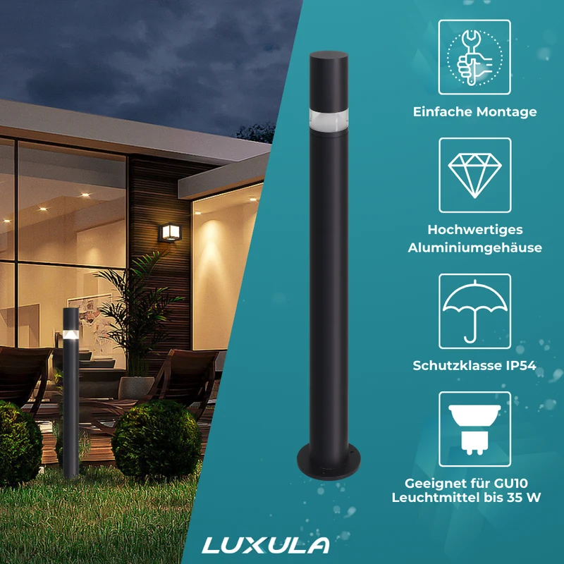 4er-Pack Wegeleuchte mit 360° Lichtkegel, schwarz, GU10 Fassung, IP44, Aluminium, mit Erdspieß, Höhe 63 cm