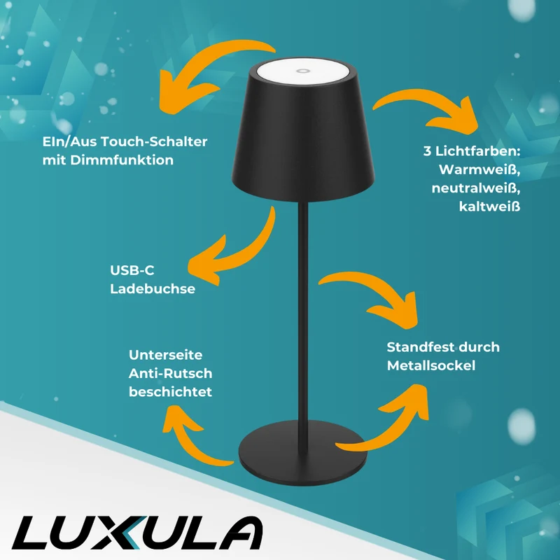 2er Set LED-Tischleuchte mit Akku, Dimm- & CCT-Funktion, wiederaufladbar, IP44, USB-C, schwarz
