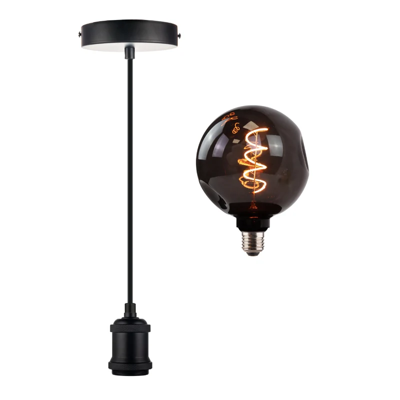 LED Filament Leuchtmittel CALDERA Smoke, inkl schwarzer E27-Fassung mit Textilkabel, 4W, 40lm, 1800K, dimmbar