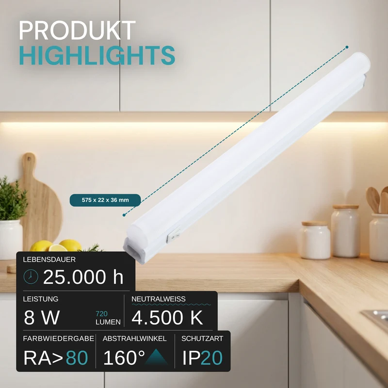 LED-Unterbauleuchte in Weiß, mit Schalter, 57 cm, 8 W, 720 lm, 4500 K (neutralweiß), erweiterbar, Küchen- und Schrankbeleuchtung