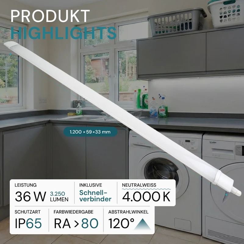 2er Set LED Feuchtraumleuchte, 36W, 3250lm, 4000K, 1200mm, IP65, mit Quick Connector