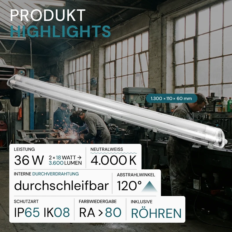 10er Pack LED Wannenleuchte 120cm, inkl 2x18W LED-Röhren T8, 4000K, IP65, IK08