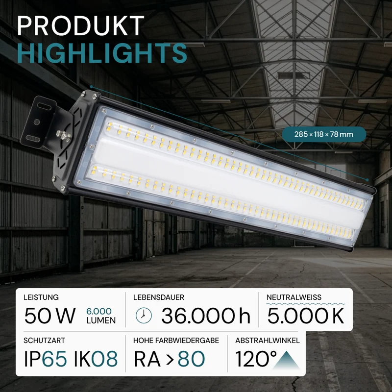 2er Pack LED-Hallenleuchte, linear, 50 W, 6000 lm, 5000 K (neutralweiß), IP65, EPISTAR LED, schwarz