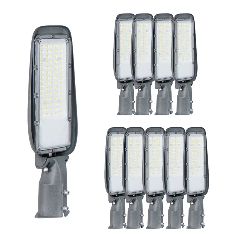 10er Pack LED Straßenleuchte, 100 W, 3000 K (warmweiß), 10000 lm, grau, IP65, Wand- und Mastmontage