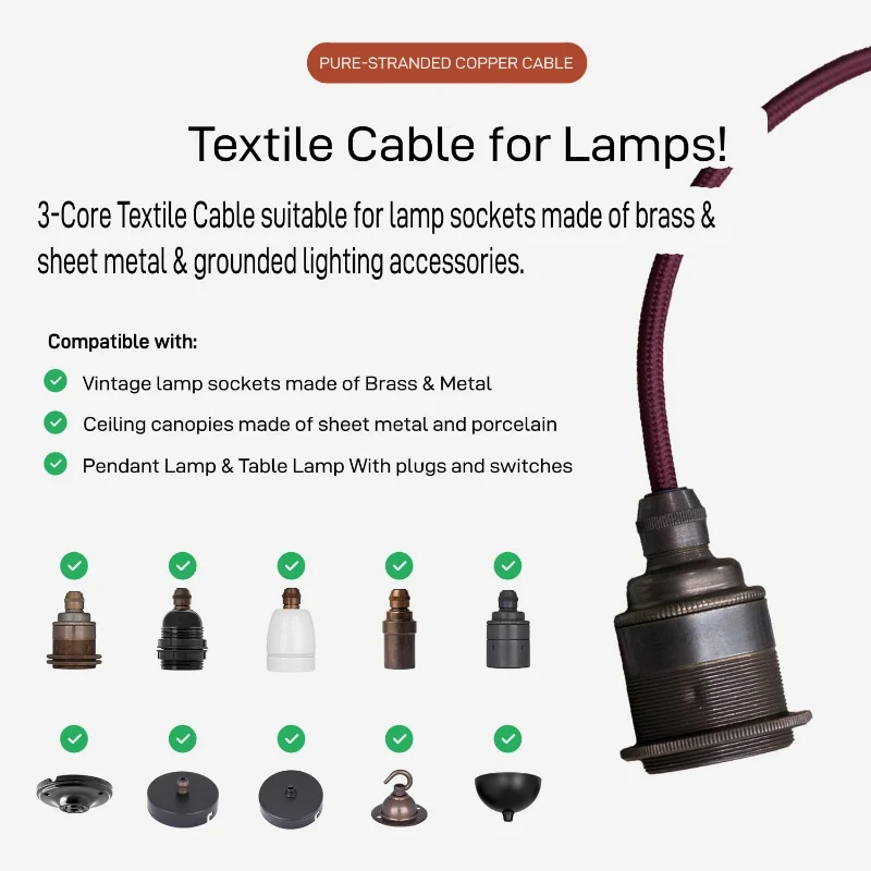 Ledsone Textilkabel 3-adrig Gold Rund Lampenkabel DIY ~1123