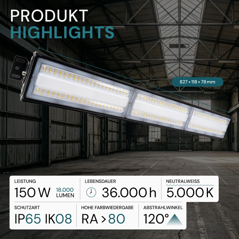 2er Pack LED-Hallenleuchte, linear, 150 W, 18000 lm, 5000 K (neutralweiß), IP65, EPISTAR LED, schwarz
