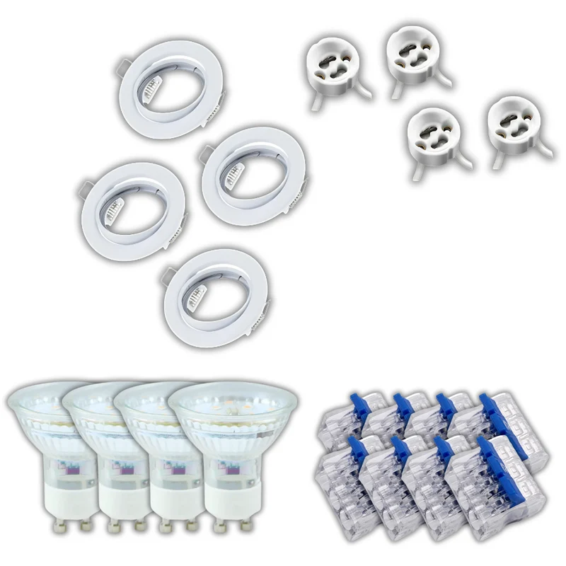 4er-Pack Einbauringe inkl. 4xAnschlussleitungen, 4xGU10 Leuchtmittel und 8xAnschlussklemme, warmweiß (2700K), matt weiß, rund, schwenkbar