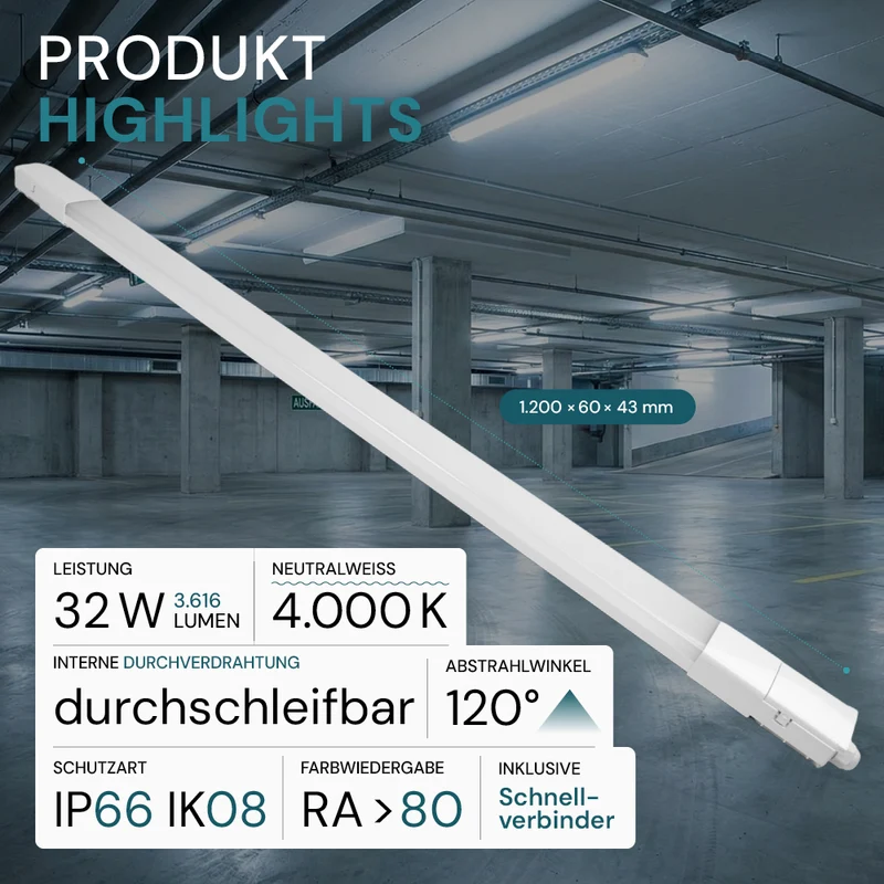 10er Pack LED Feuchtraumleuchte, 120 cm, 32 W, 3616 lm, 4000 K (neutralweiß), IP66, durchschleifbar, Fast Connector