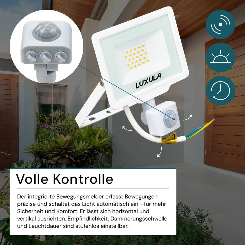 2er Pack LED-Fluter mit Bewegungsmelder, 20 W, 4000 K (neutralweiß), 2000 lm, weiß, IP65