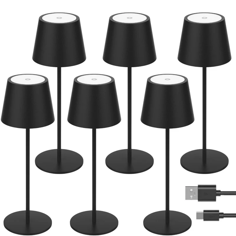6er Set LED-Tischleuchte mit Akku, Dimm- & CCT-Funktion, wiederaufladbar, IP44, USB-C, schwarz