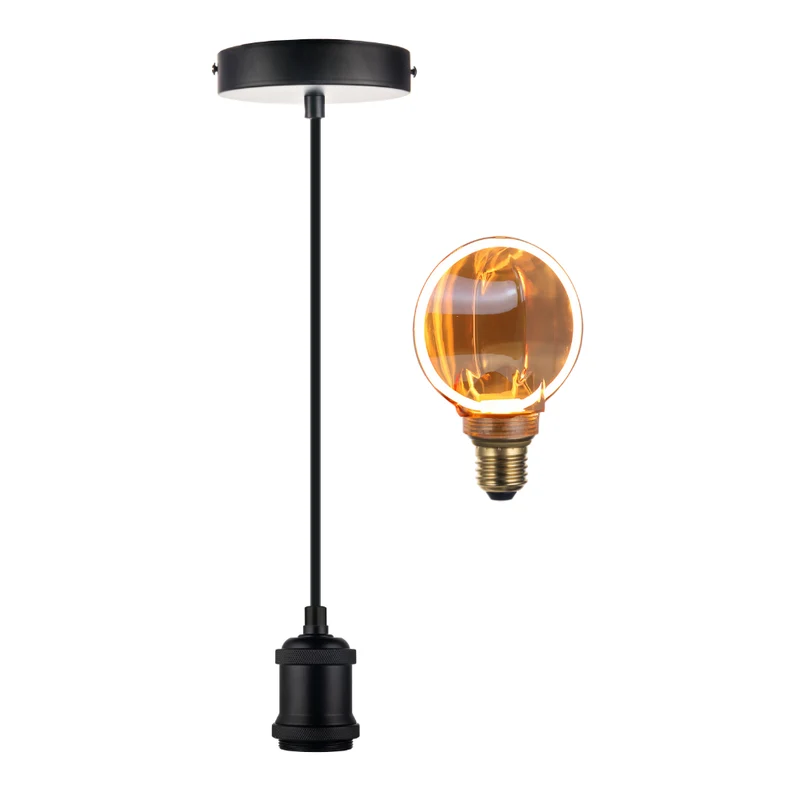 LED Filament Leuchtmittel CIRCLE Amber, inkl schwarzer E27-Fassung mit Textilkabel 1,5m, 4W, 200lm, 1800K, dimmbar