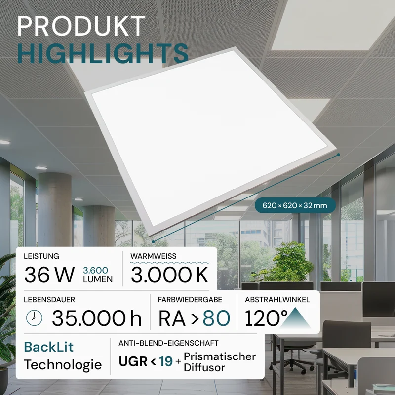 6er Pack LED-Panels, 62x62 cm, UGR19, 3000 K, 36 W, 3600 lm