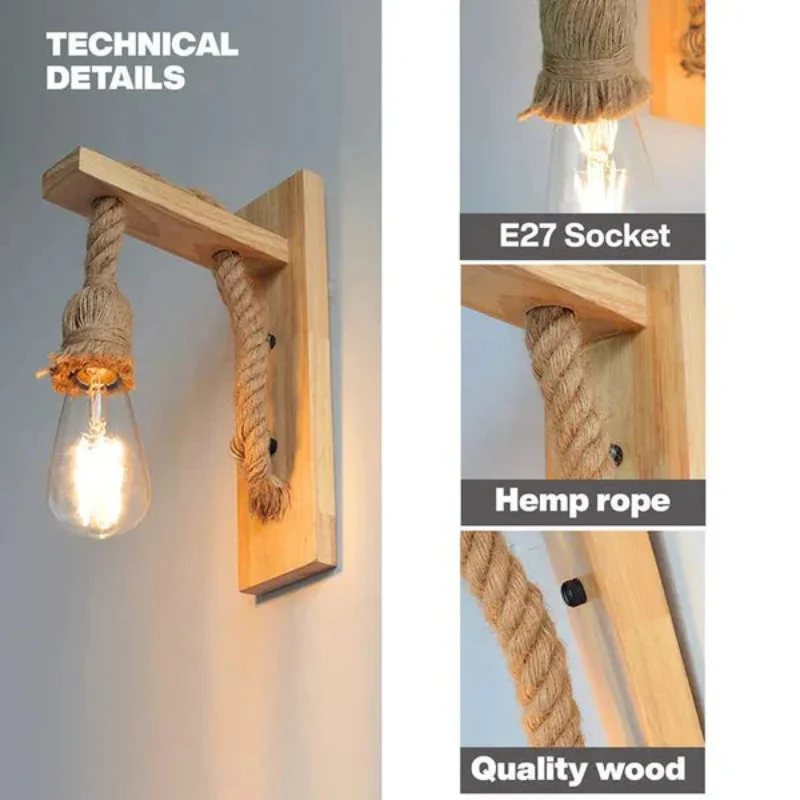 Wandlampe mit holz , Hanfseil,lampen für das Kinderzimmer~2635
