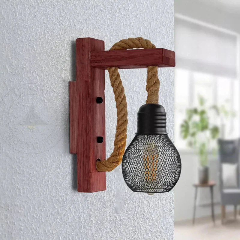 Vintage Wandlampe Holz Hanfseil Metallkäfig Wandleuchte ~2634