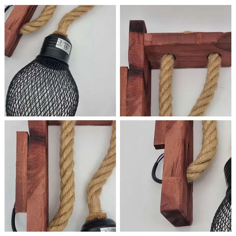 Vintage Wandlampe Holz Hanfseil Metallkäfig Wandleuchte ~2634