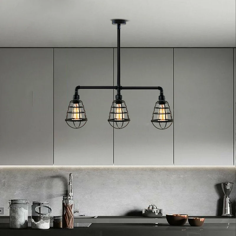 Verzinkte Decken-3-Kopf-Lampe Schwarzes Metall Wasserrohr-Leuchte Rohrlampen~2312