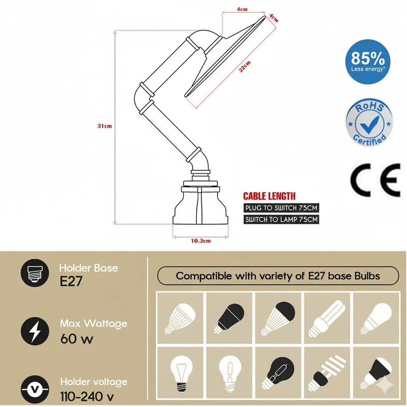 Industrielle Retro Tischlampe mit flachem Schirm,E27~2376