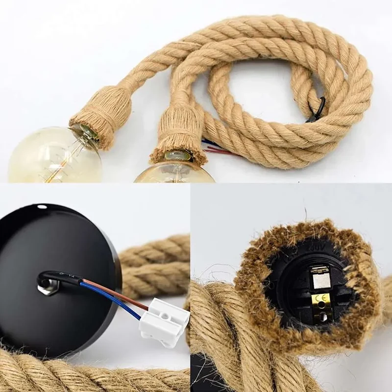 Vintage Retro Hanfseil-Pendelleuchte – E27 Deckenlampe-Doppelseil,1 .5m Länge~2835
