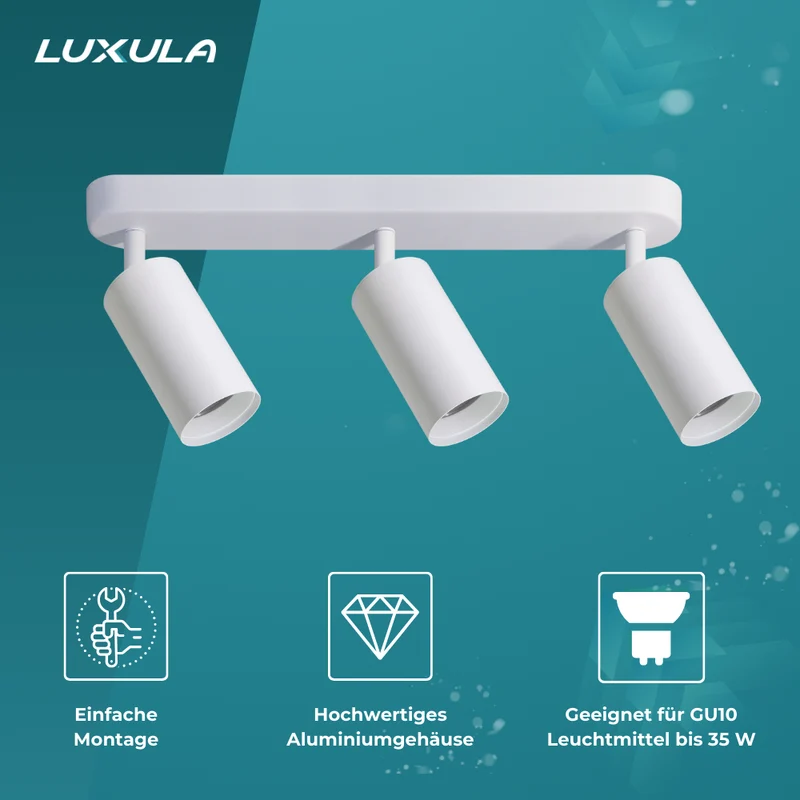 Schwenkbarer LED Aufbauspot mit GU10 Fassung, 3-flammig, weiß, IP20, Aluminium