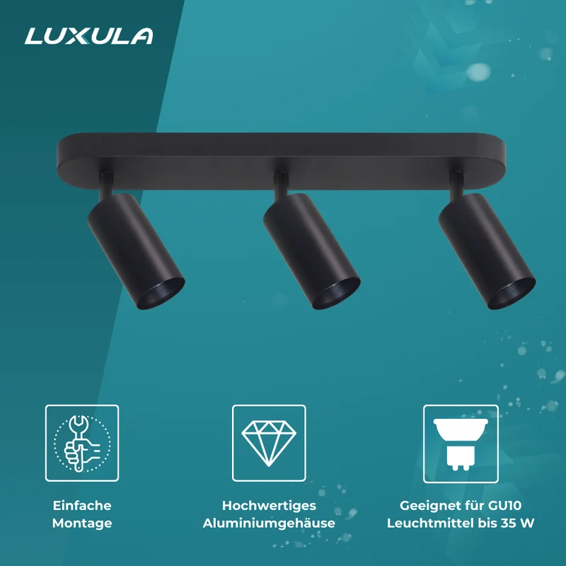 Schwenkbarer LED Aufbauspot mit GU10 Fassung, 3-flammig, schwarz, IP20, Aluminium