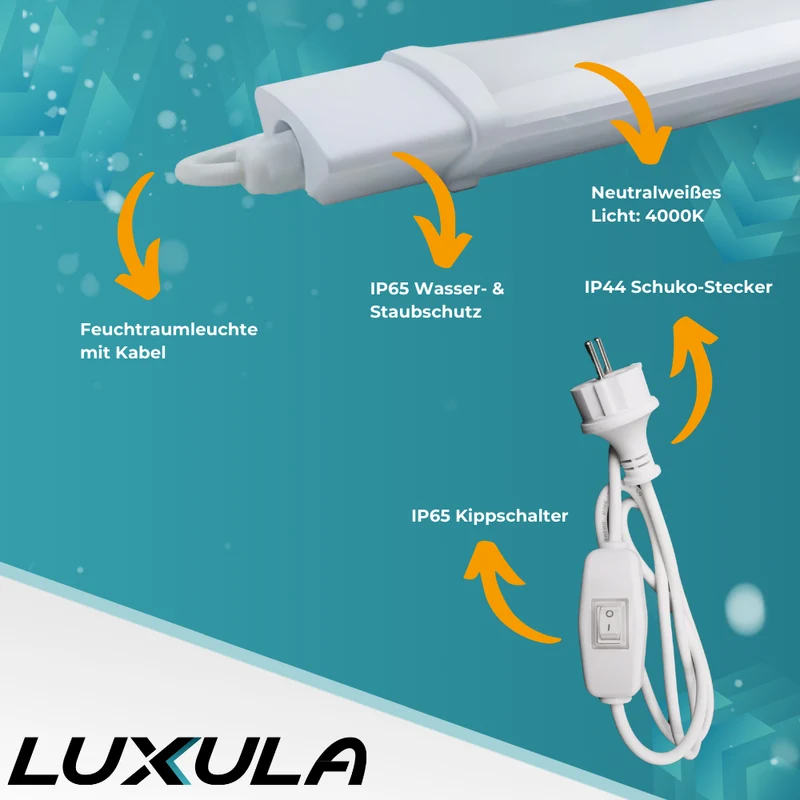 10er Set LED Feuchtraumleuchte, 22 W, 2000lm, 4000K, 900 mm, IP65, mit Schalter und IP44 Stecker