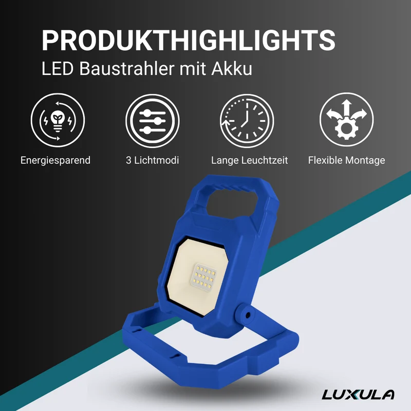 2er Set LED Baustrahler mit Akku, faltbar, 6 W, 800 lm, 4000 K (neutralweiß), IP54, 7 Stunden Lichtzeit, USB In- und Output, flexible Arbeitsleuchte