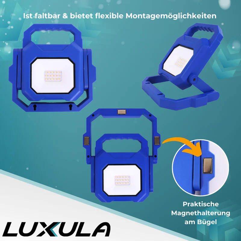 2er Set LED Baustrahler mit Akku, faltbar, 6 W, 800 lm, 4000 K (neutralweiß), IP54, 7 Stunden Lichtzeit, USB In- und Output, flexible Arbeitsleuchte