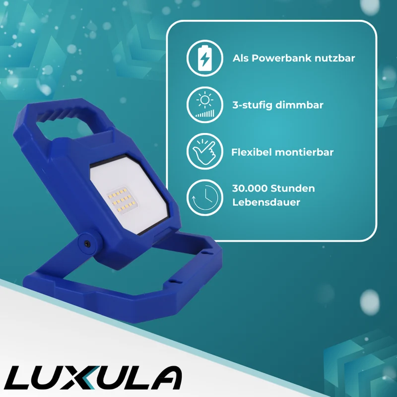 2er Set LED Baustrahler mit Akku, faltbar, 6 W, 800 lm, 4000 K (neutralweiß), IP54, 7 Stunden Lichtzeit, USB In- und Output, flexible Arbeitsleuchte