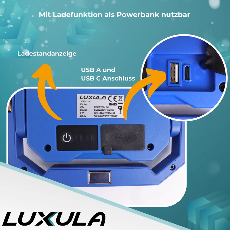 2er Set LED Baustrahler mit Akku, faltbar, 6 W, 800 lm, 4000 K (neutralweiß), IP54, 7 Stunden Lichtzeit, USB In- und Output, flexible Arbeitsleuchte