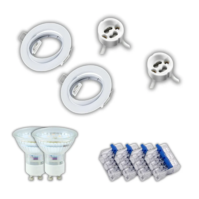 2er-Pack Einbauringe inkl. 2xAnschlussleitungen, 2xGU10 Leuchtmittel und 4xAnschlussklemme, warmweiß (2700K), matt weiß, rund, schwenkbar
