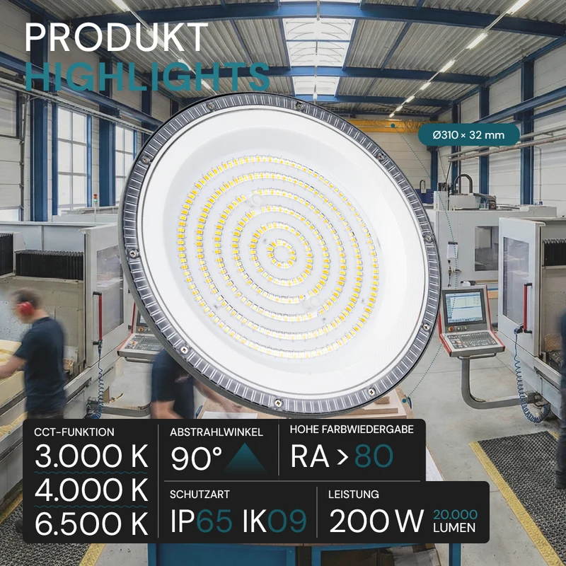 LED-HighBay, UFO, grau, 200 W, 20000 lm, CCT 3000-6500 K (warm-, neutral-, kaltweiß), IP65