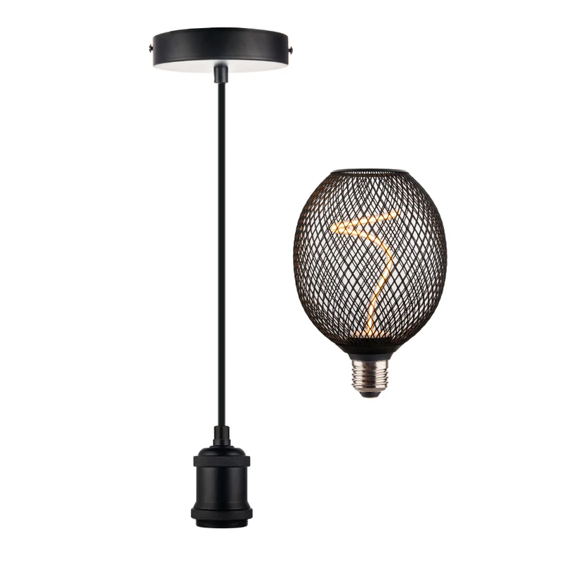 LED Filament Leuchtmittel Vintage MESH, inkl schwarzer E27-Fassung mit Textilkabel 1,5m, 4.9W, 200lm, 1800K, dimmbar